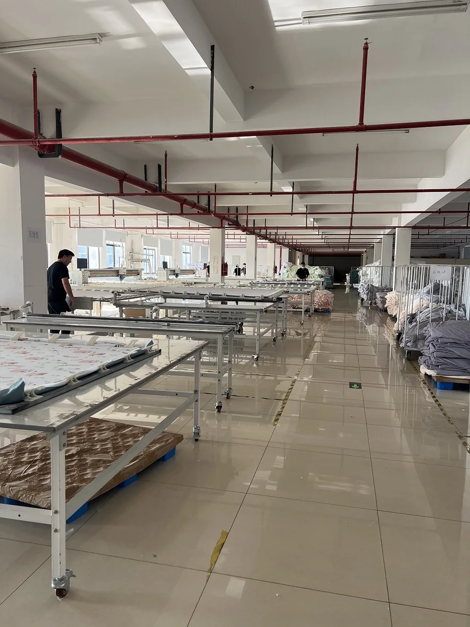 bedding products arranged on the production and inspection floor