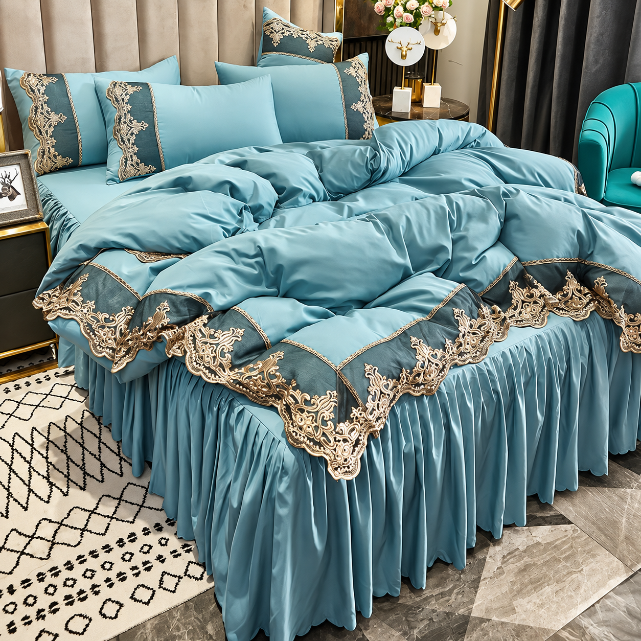 Mist blue luxury European lace bed skirt set