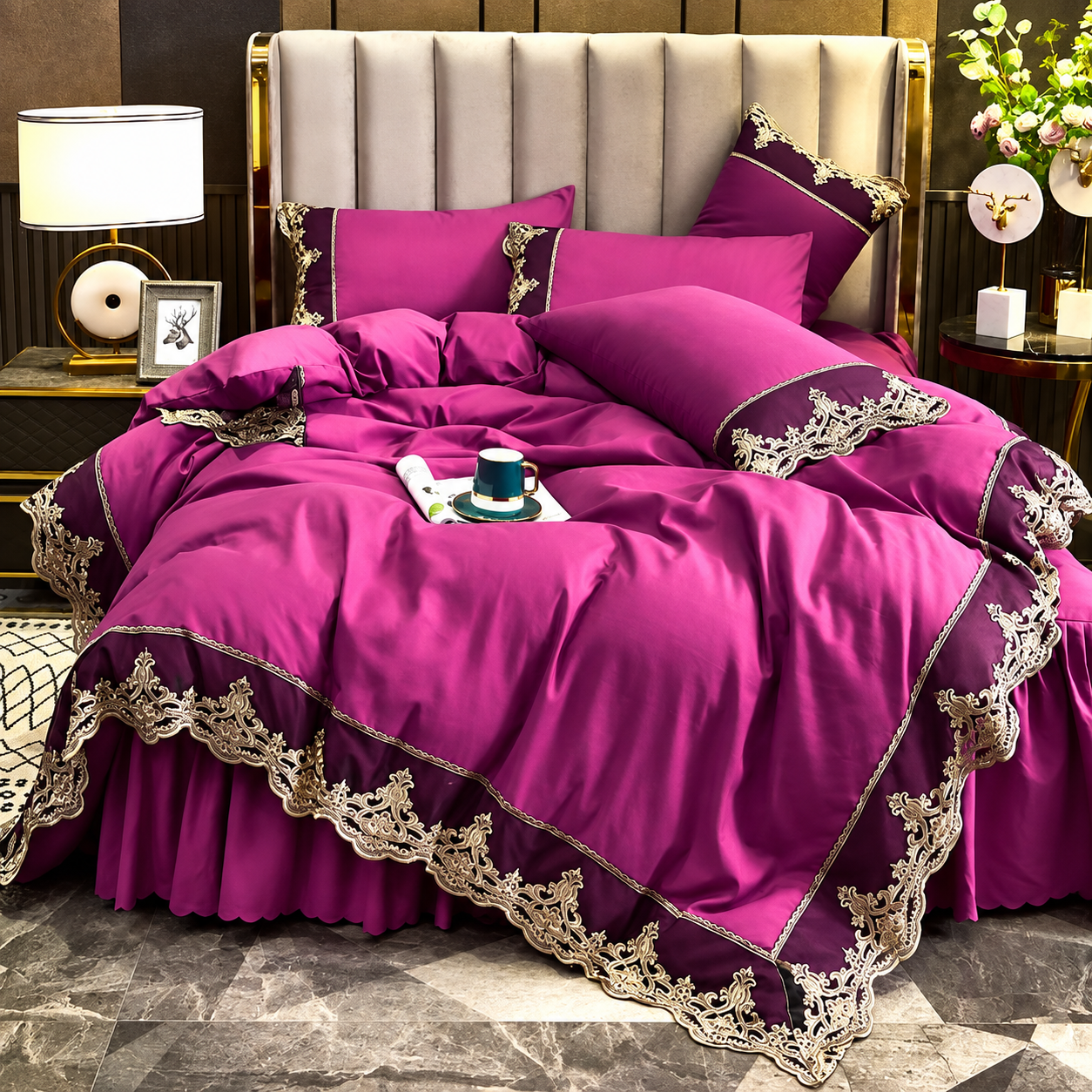 Purple luxury European lace bed skirt set