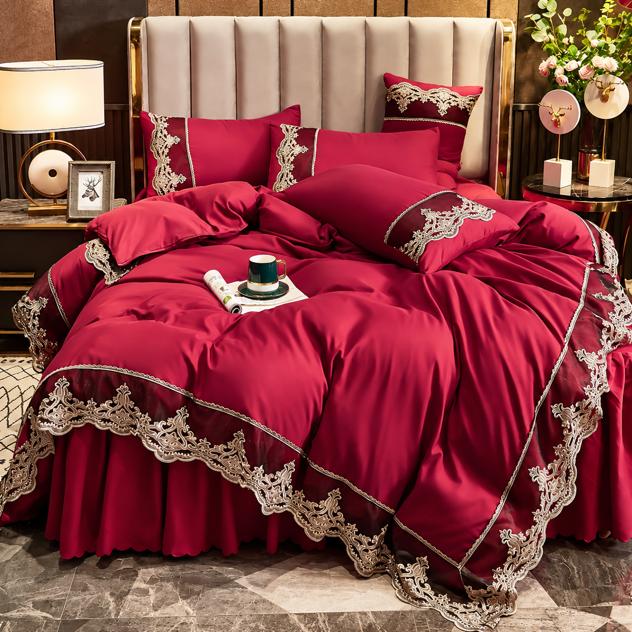 Wine red luxury European lace bed skirt set