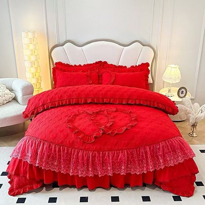red lace bed skirt cotton 4 piece bedding set for wholesale sourcing