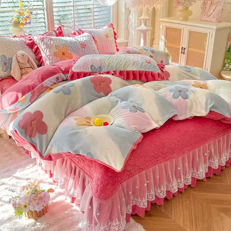 floral pink milk velvet bed skirt set for wholesale sourcing